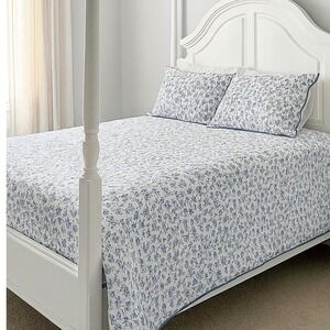 Blue TOILE Floral Quilt Cottagecore #155 reversible 108‎ x 95
